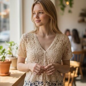 Short-sleeved crocheted top